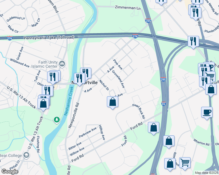map of restaurants, bars, coffee shops, grocery stores, and more near 3912 Nichol Street in Levittown