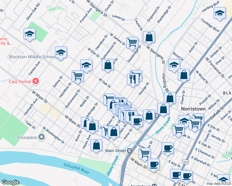 map of restaurants, bars, coffee shops, grocery stores, and more near 655 Haws Avenue in Norristown