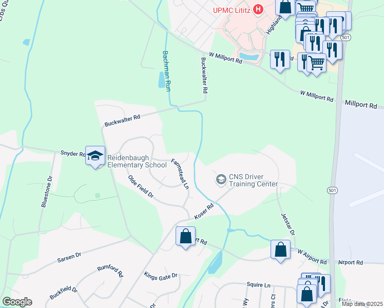 map of restaurants, bars, coffee shops, grocery stores, and more near 213 Springside Drive in Lititz