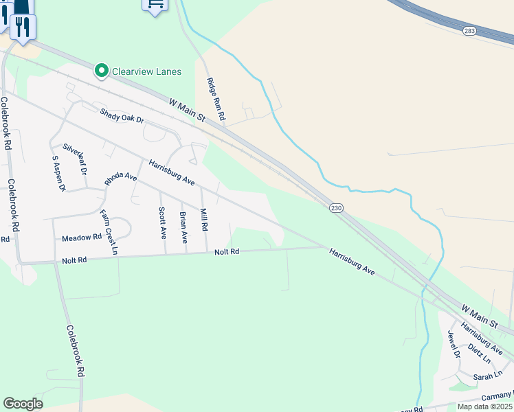 map of restaurants, bars, coffee shops, grocery stores, and more near 1627 Harrisburg Avenue in Mount Joy