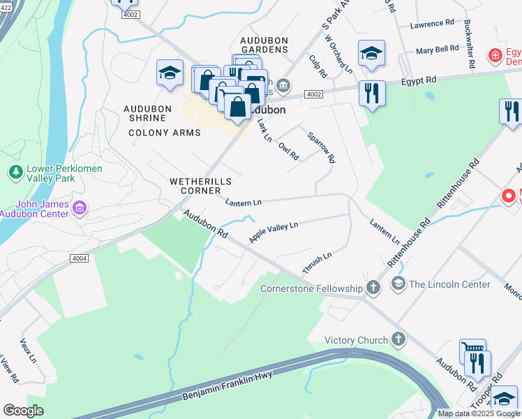 map of restaurants, bars, coffee shops, grocery stores, and more near 2756 Lantern Lane in Eagleville