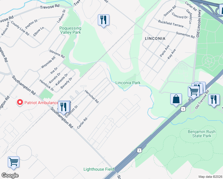 map of restaurants, bars, coffee shops, grocery stores, and more near 15152 Carter Road in Philadelphia