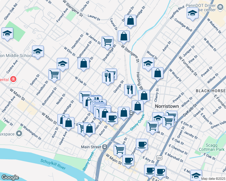 map of restaurants, bars, coffee shops, grocery stores, and more near 758 Hartranft Alley in Norristown