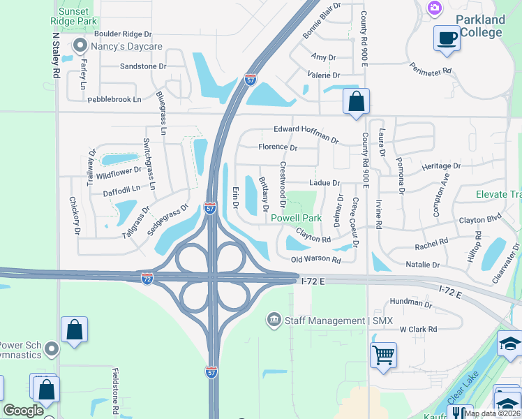 map of restaurants, bars, coffee shops, grocery stores, and more near 611 Brittany Drive in Champaign
