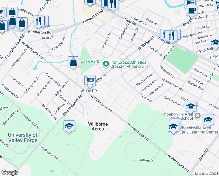 map of restaurants, bars, coffee shops, grocery stores, and more near 10 Lexington Drive in Phoenixville