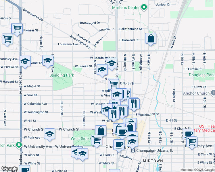 map of restaurants, bars, coffee shops, grocery stores, and more near 806 North Randolph Street in Champaign
