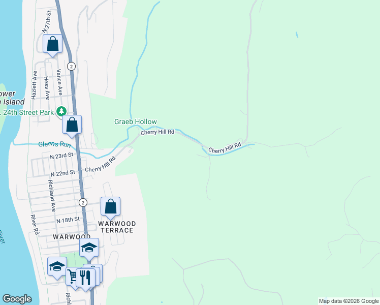 map of restaurants, bars, coffee shops, grocery stores, and more near 421 Po Box in Wheeling