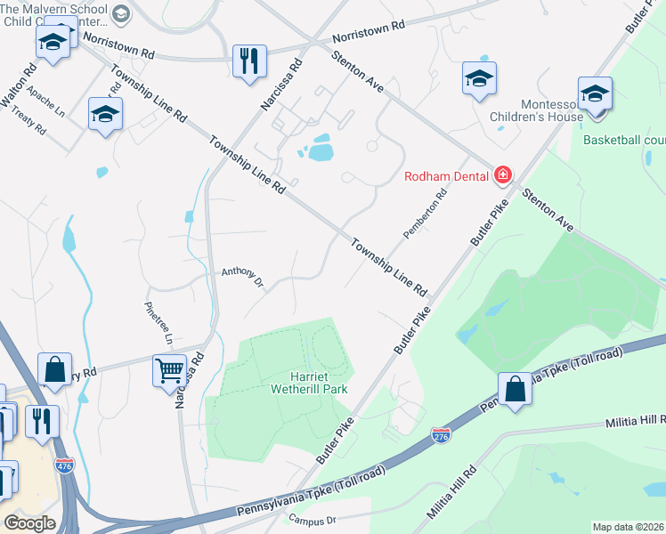 map of restaurants, bars, coffee shops, grocery stores, and more near 104 Sparango Lane in Plymouth Meeting