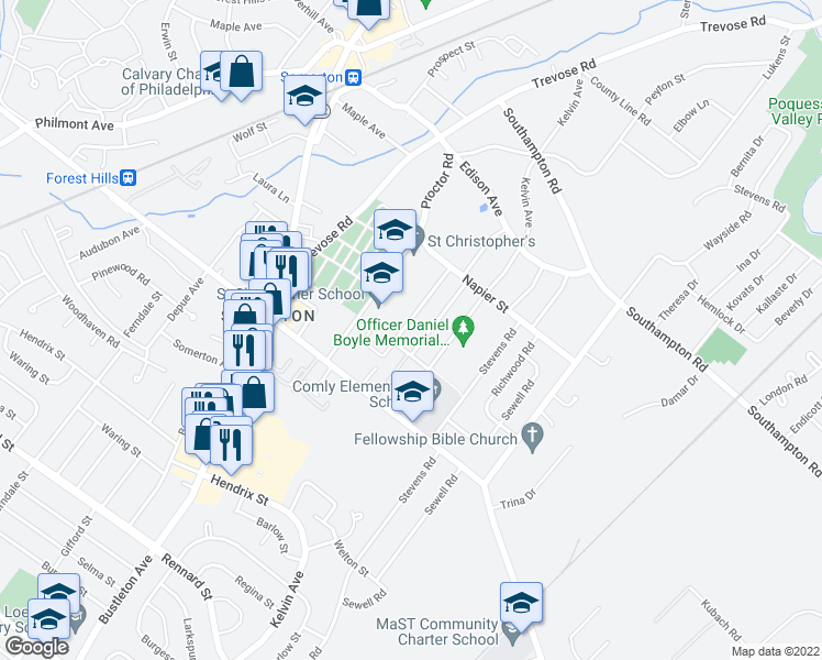 map of restaurants, bars, coffee shops, grocery stores, and more near 13033 Lindsay Street in Philadelphia