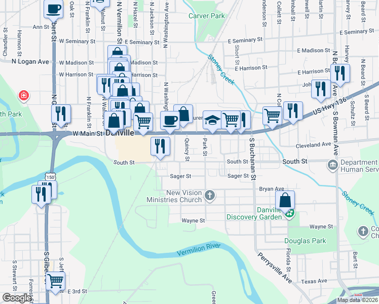 map of restaurants, bars, coffee shops, grocery stores, and more near 429 Outten Street in Danville