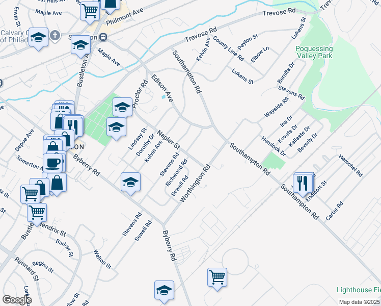 map of restaurants, bars, coffee shops, grocery stores, and more near 13401 Stevens Road in Philadelphia