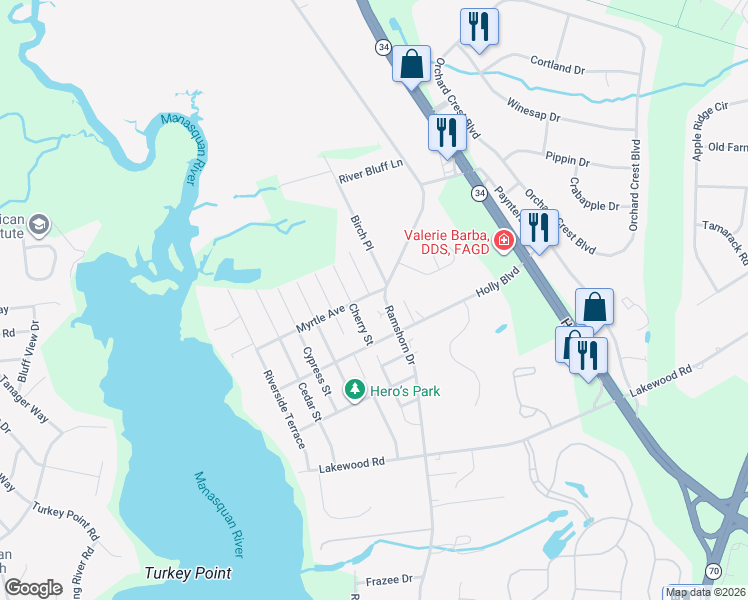 map of restaurants, bars, coffee shops, grocery stores, and more near 2401 Ramshorn Drive in Manasquan