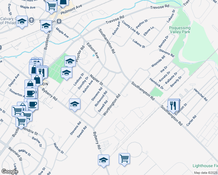 map of restaurants, bars, coffee shops, grocery stores, and more near 13401 Stevens Road in Philadelphia