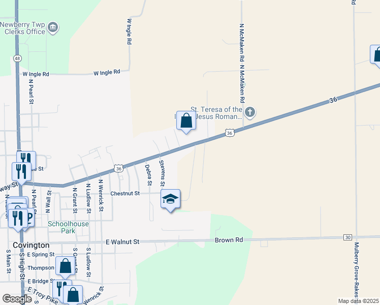 map of restaurants, bars, coffee shops, grocery stores, and more near 7250 U.S. 36 in Covington