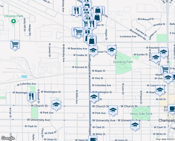 map of restaurants, bars, coffee shops, grocery stores, and more near 803 North Prospect Avenue in Champaign
