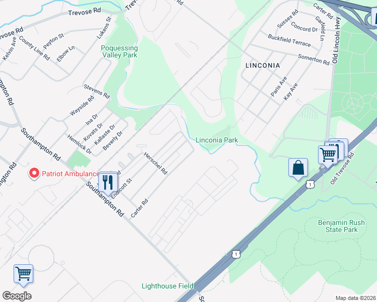 map of restaurants, bars, coffee shops, grocery stores, and more near 15152 Carter Road in Philadelphia