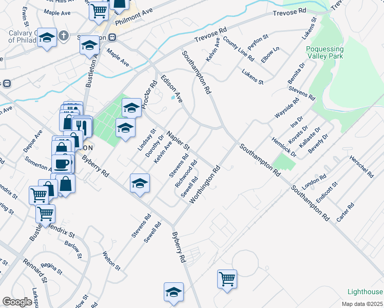 map of restaurants, bars, coffee shops, grocery stores, and more near 13073 Stevens Road in Philadelphia