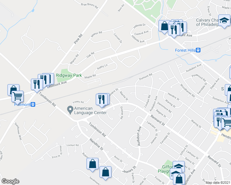 map of restaurants, bars, coffee shops, grocery stores, and more near 11139 Hendrix Street in Philadelphia