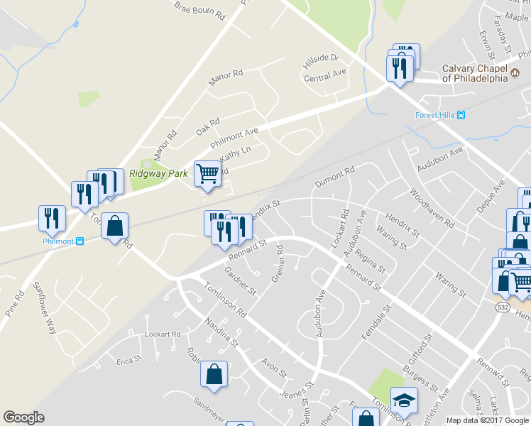 map of restaurants, bars, coffee shops, grocery stores, and more near 11139 Hendrix Street in Philadelphia