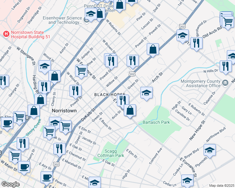 map of restaurants, bars, coffee shops, grocery stores, and more near in Norristown