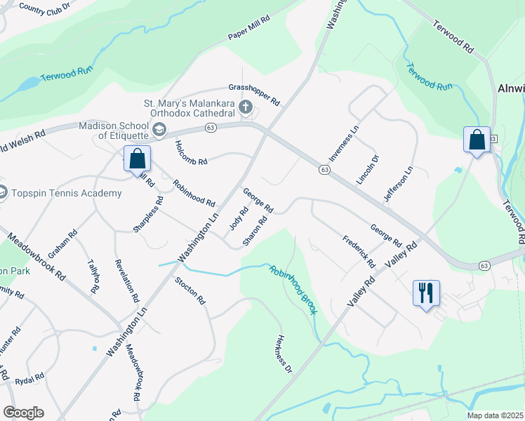 map of restaurants, bars, coffee shops, grocery stores, and more near 1930 Sharon Road in Meadowbrook