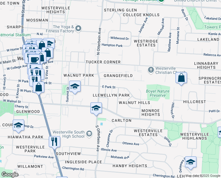 map of restaurants, bars, coffee shops, grocery stores, and more near 300 East Park Street in Westerville