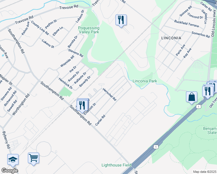 map of restaurants, bars, coffee shops, grocery stores, and more near 15112 Endicott Street in Philadelphia