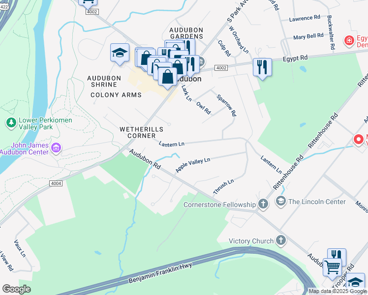 map of restaurants, bars, coffee shops, grocery stores, and more near 2756 Lantern Lane in Eagleville