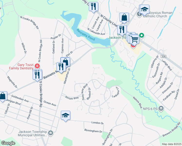 map of restaurants, bars, coffee shops, grocery stores, and more near 204 Begonia Court in Jackson Township