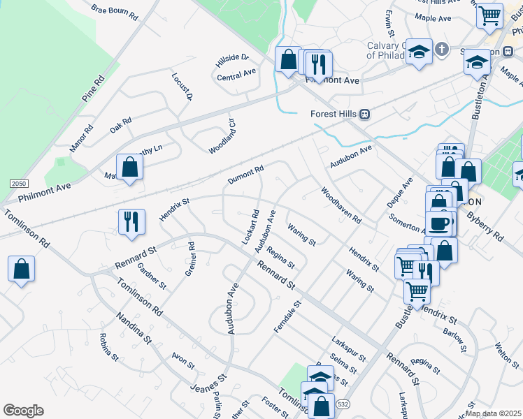 map of restaurants, bars, coffee shops, grocery stores, and more near 11809 Lockart Road in Philadelphia