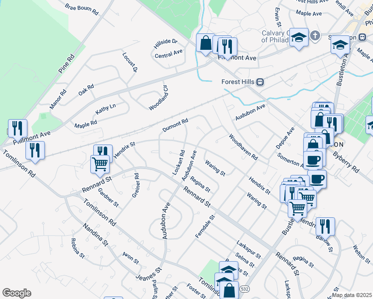 map of restaurants, bars, coffee shops, grocery stores, and more near 11809 Lockart Road in Philadelphia