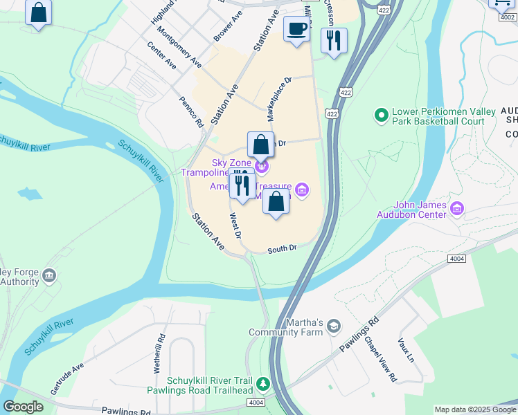 map of restaurants, bars, coffee shops, grocery stores, and more near Phoenixville Collgeville Road in Montgomery