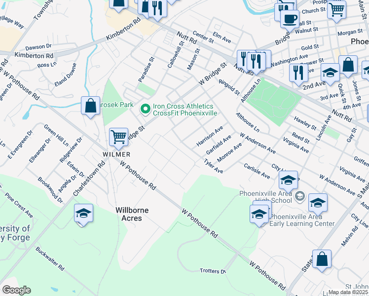 map of restaurants, bars, coffee shops, grocery stores, and more near 1267 Tyler Avenue in Phoenixville