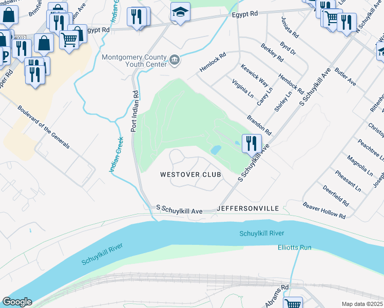 map of restaurants, bars, coffee shops, grocery stores, and more near 2021 Yorktown North in Eagleville