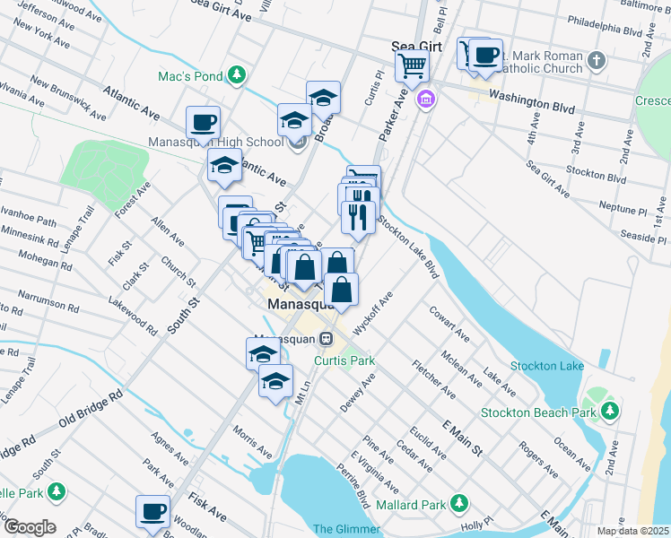 map of restaurants, bars, coffee shops, grocery stores, and more near 47 Taylor Avenue in Manasquan