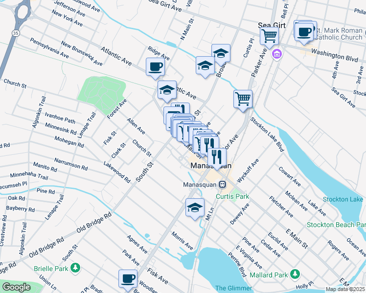 map of restaurants, bars, coffee shops, grocery stores, and more near 126 Main Street in Manasquan