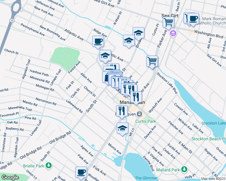 map of restaurants, bars, coffee shops, grocery stores, and more near 10 South Street in Manasquan
