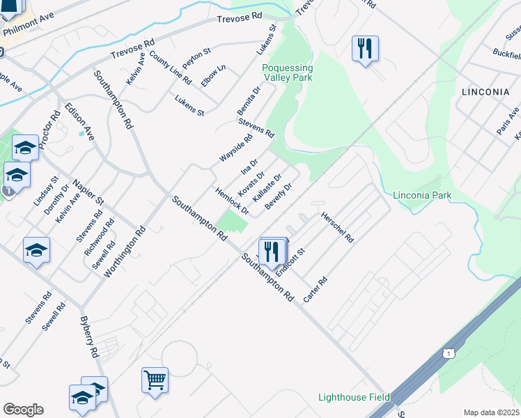 map of restaurants, bars, coffee shops, grocery stores, and more near 15116 Beverly Drive in Philadelphia