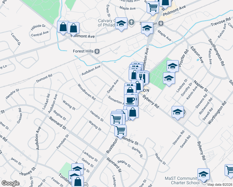 map of restaurants, bars, coffee shops, grocery stores, and more near 507 Pinewood Road in Philadelphia
