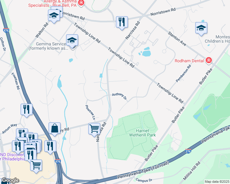 map of restaurants, bars, coffee shops, grocery stores, and more near 309 Anthony Drive in Plymouth Meeting