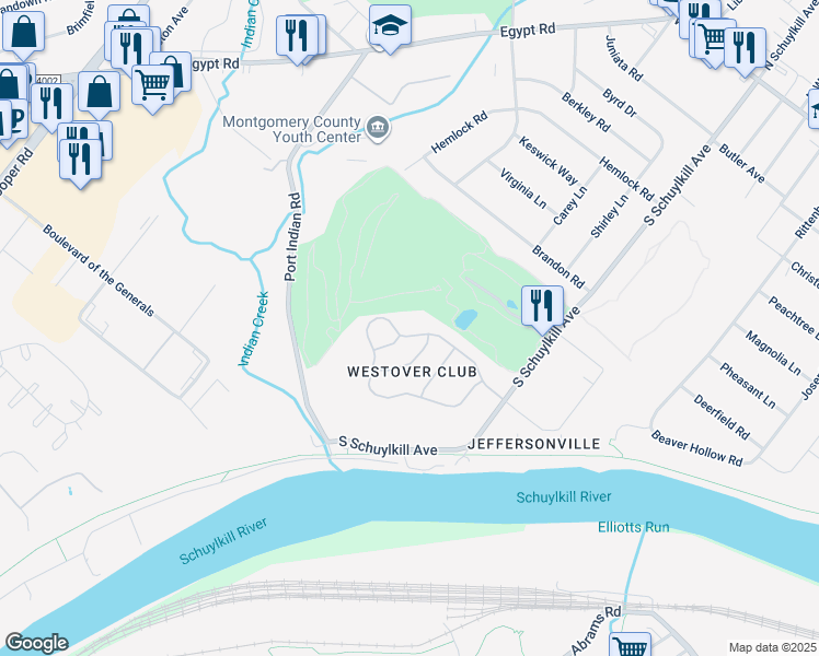 map of restaurants, bars, coffee shops, grocery stores, and more near 2021 Yorktown North in Eagleville
