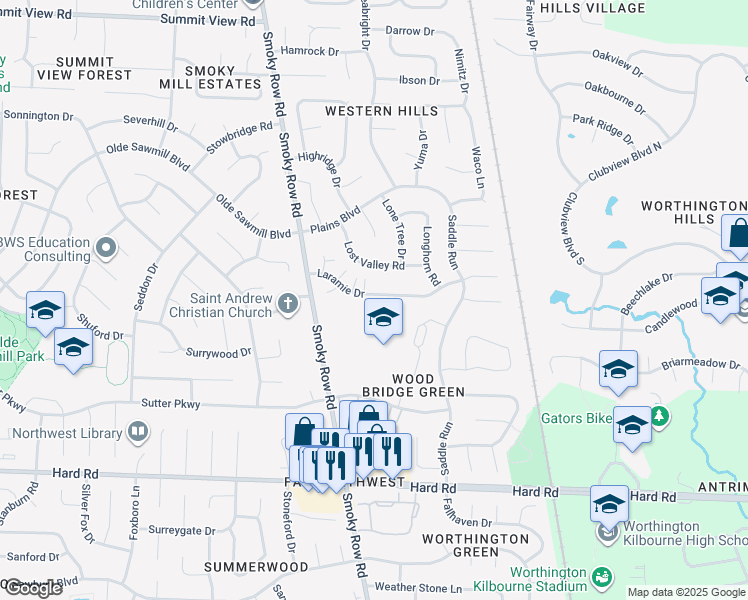 map of restaurants, bars, coffee shops, grocery stores, and more near 1872 Laramie Drive in Powell