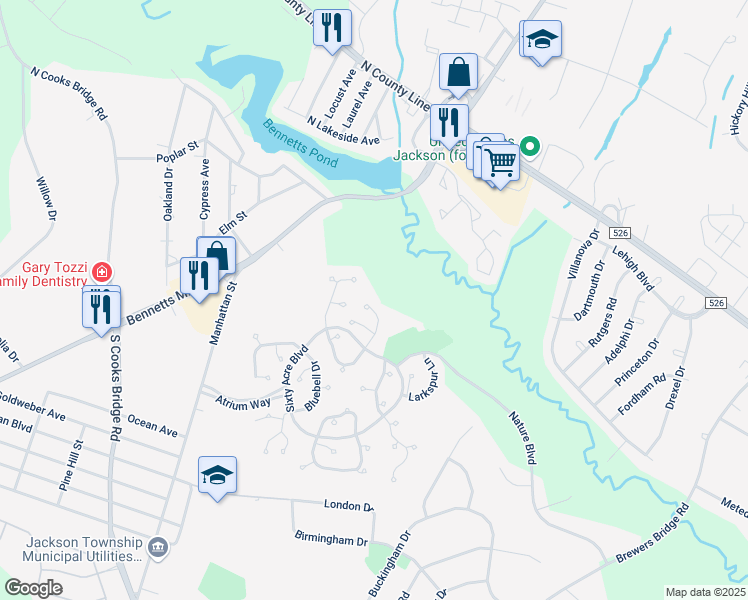 map of restaurants, bars, coffee shops, grocery stores, and more near 1403 Dahlia Court in Jackson Township