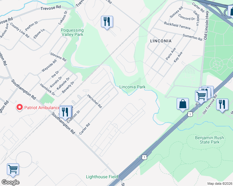 map of restaurants, bars, coffee shops, grocery stores, and more near 15152 Carter Road in Philadelphia