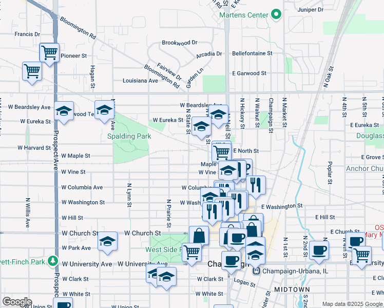 map of restaurants, bars, coffee shops, grocery stores, and more near 808 North State Street in Champaign