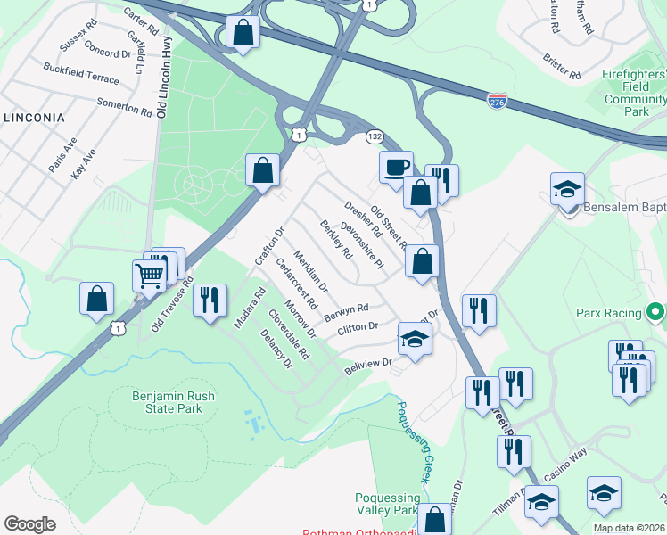 map of restaurants, bars, coffee shops, grocery stores, and more near 3716 Kingston Way in Bensalem