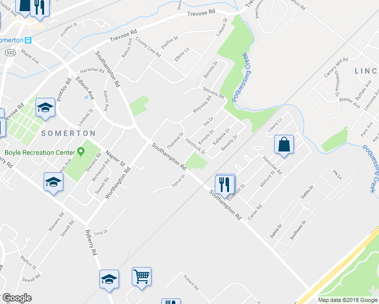 map of restaurants, bars, coffee shops, grocery stores, and more near 15018 Kovats Drive in Philadelphia