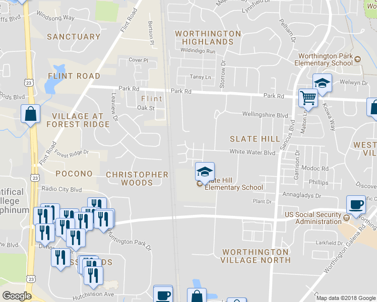 map of restaurants, bars, coffee shops, grocery stores, and more near 498 Fenstermaker Lane in Columbus