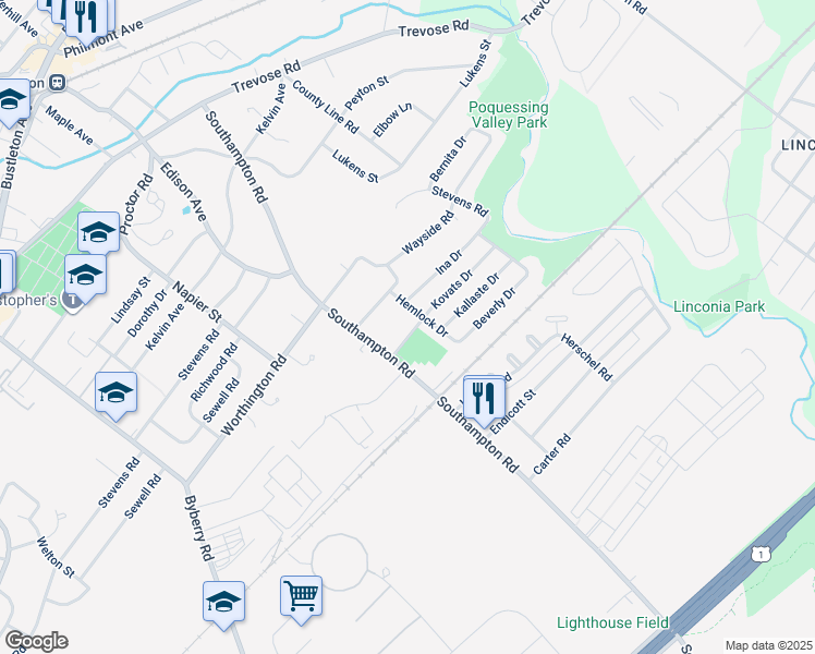 map of restaurants, bars, coffee shops, grocery stores, and more near 15018 Kovats Drive in Philadelphia