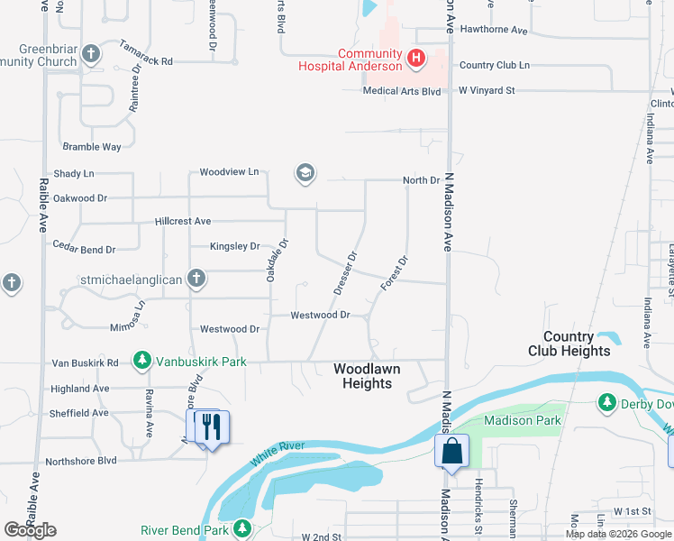 map of restaurants, bars, coffee shops, grocery stores, and more near 847 Dresser Drive in Anderson